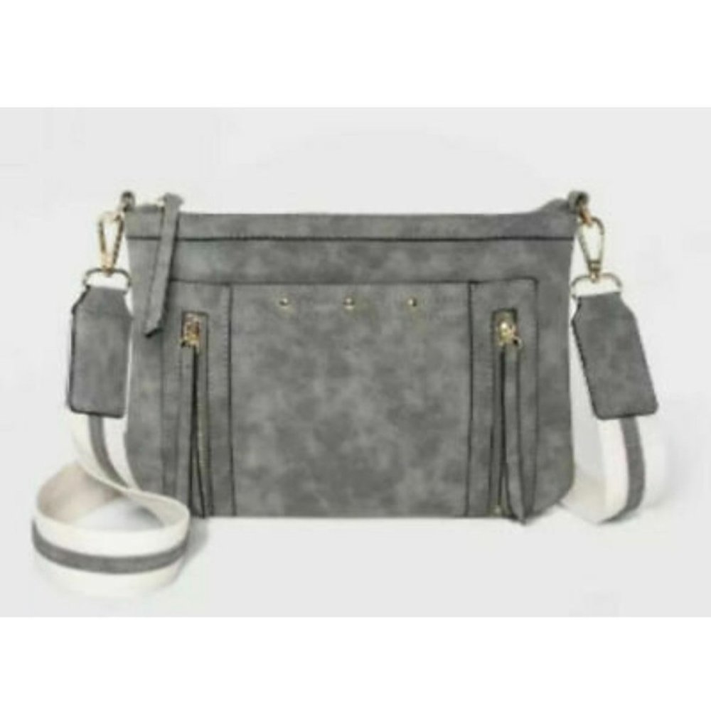 VR NYC Zip Closure Webbing Strap Whipstitch Crossbody Bag